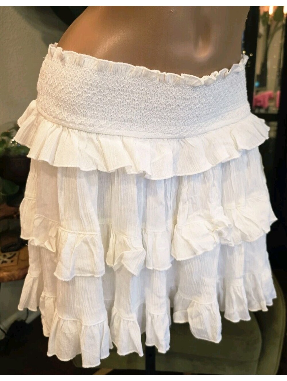 NWT Altar'd State White Tiered Ruffle Mini Skirt Size M Smocked Boho Coachella